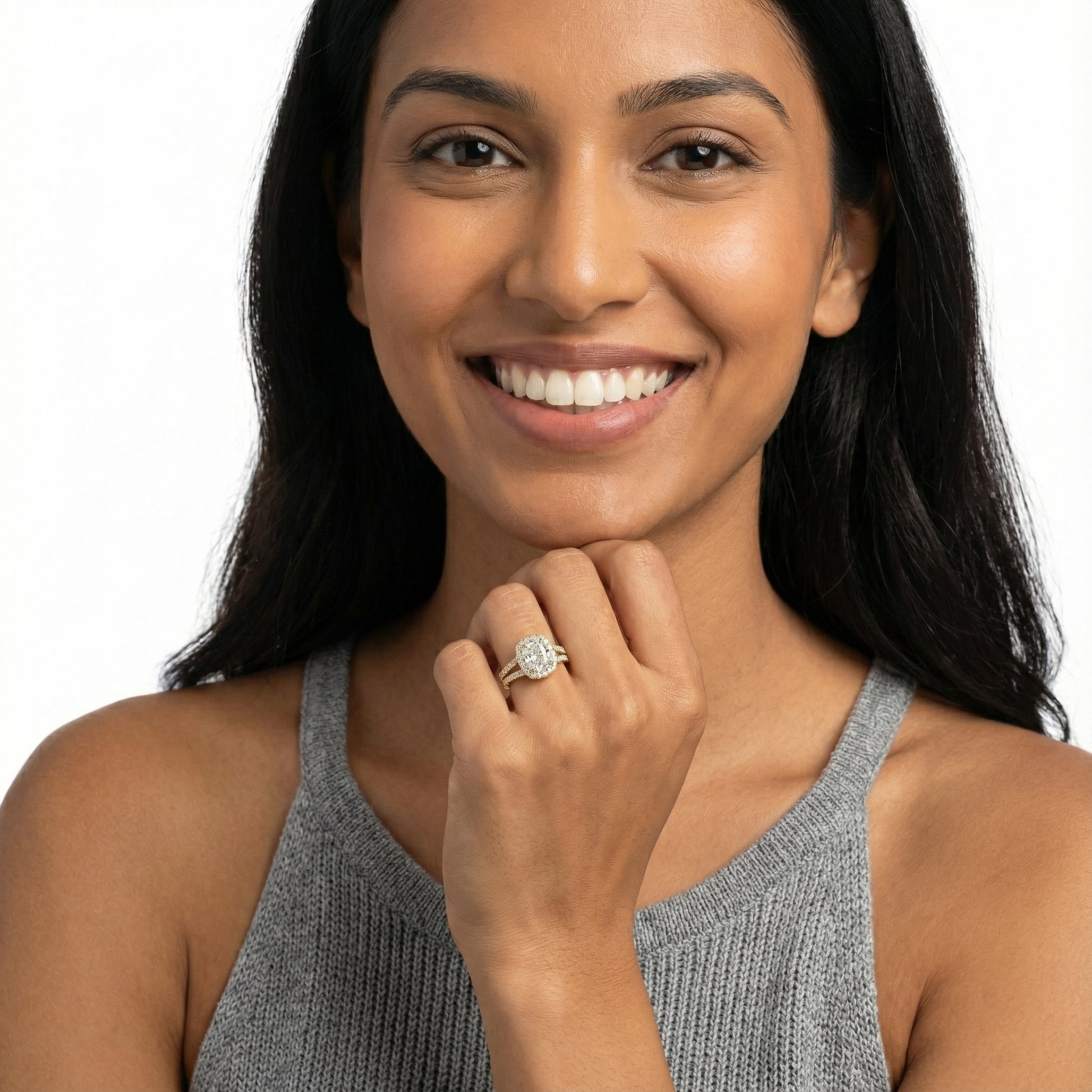 Cushion Cut Lab Grown Diamond Halo Engagement Ring in Yellow Gold with Pave Split Shank