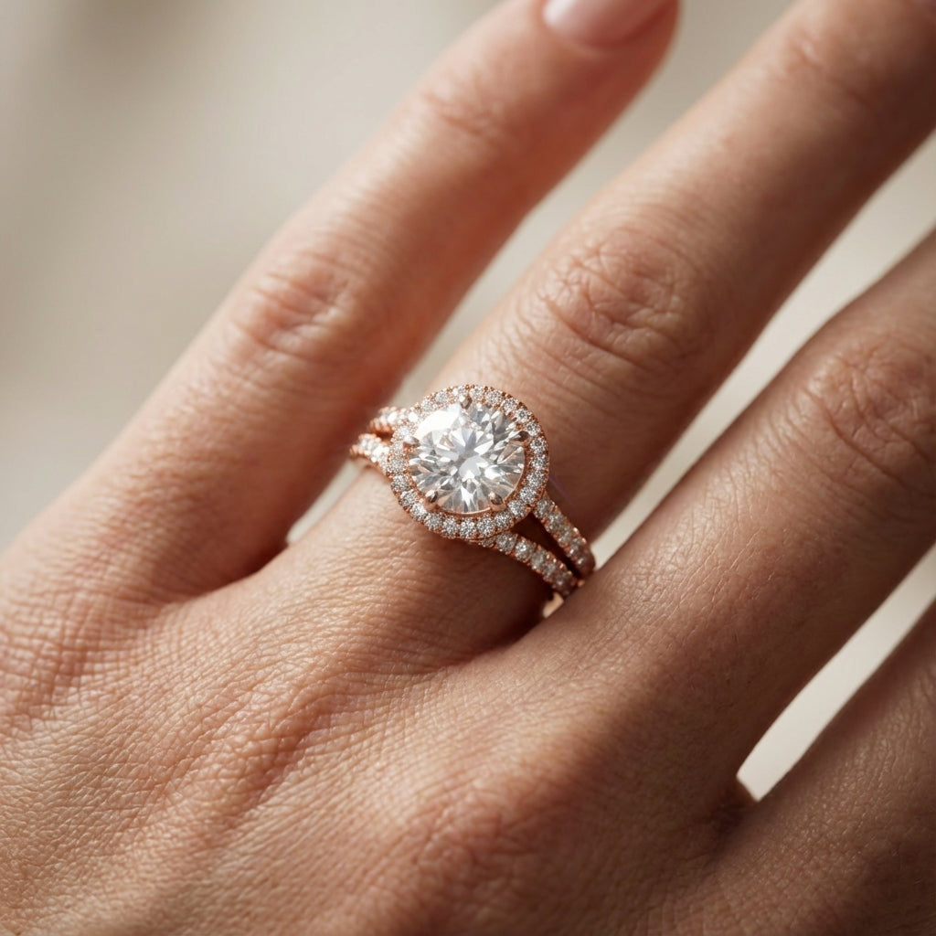 Round Cut Lab Grown Diamond Halo Engagement Ring in Rose Gold side profile view