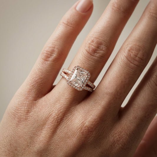 Radiant Cut Lab Grown Diamond Halo Engagement Ring in Rose Gold as shown in reference images.