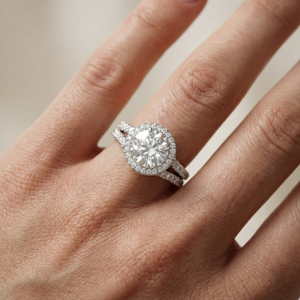 Round Cut Lab Grown Diamond Halo Engagement Ring in Platinum showing brilliance