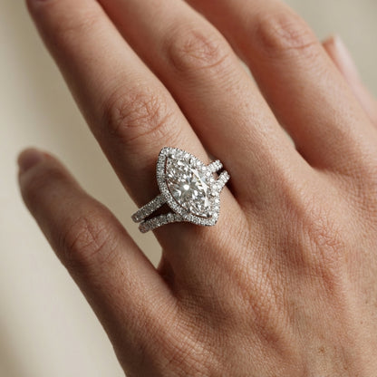 Marquise Cut Lab Grown Diamond Halo Engagement Ring with Split Shank in Silver