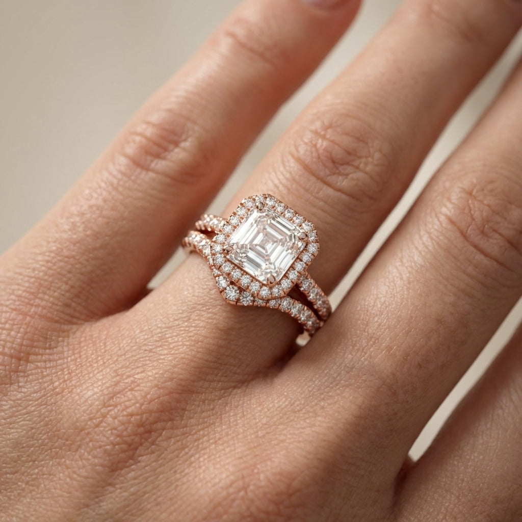 Seraphina Asscher Cut Lab Grown Diamond Halo Engagement Ring in Rose Gold