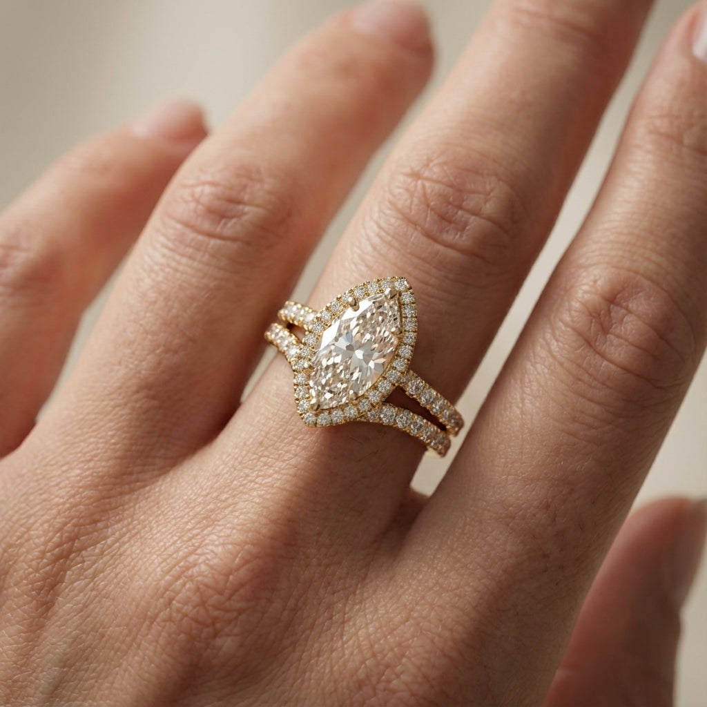 Marquise Cut Lab Grown Diamond Halo Engagement Ring with Split Shank in Yellow Gold