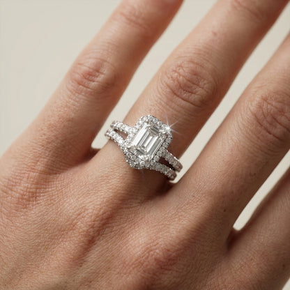 Emerald Cut Lab Grown Diamond Halo Engagement Ring in Platinum with Split Shank