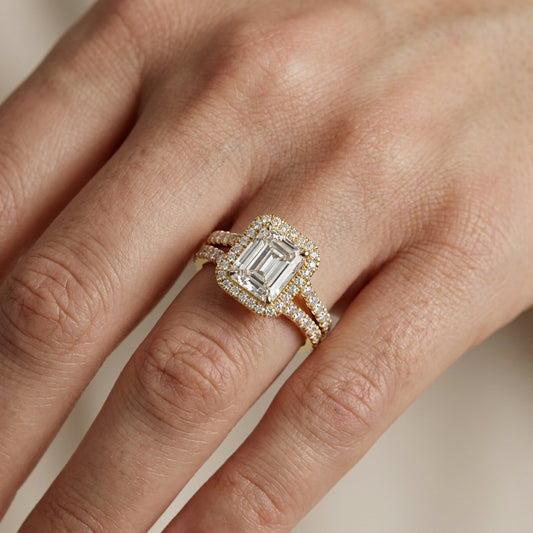 Radiant Cut Lab Grown Diamond Halo Engagement Ring in Yellow Gold setting.