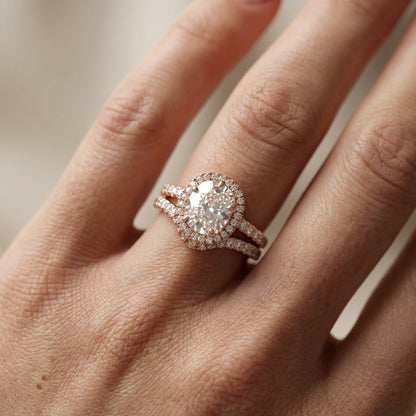 Cushion Cut Lab Grown Diamond Halo Engagement Ring in Rose Gold with Pave Split Shank
