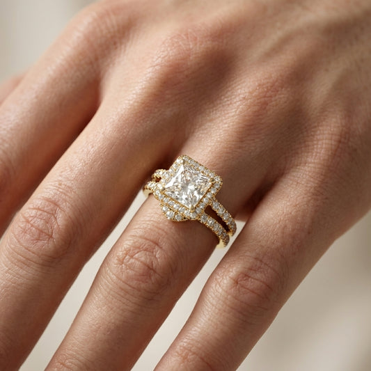 Princess Cut Lab Grown Diamond Halo Engagement Ring in Yellow Gold Split Shank Setting