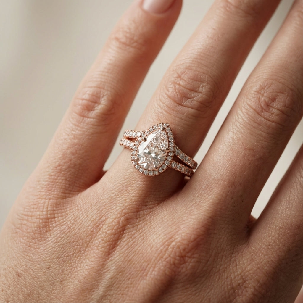 Pear Cut Lab Grown Diamond Halo Engagement Ring in Rose Gold with Split Shank