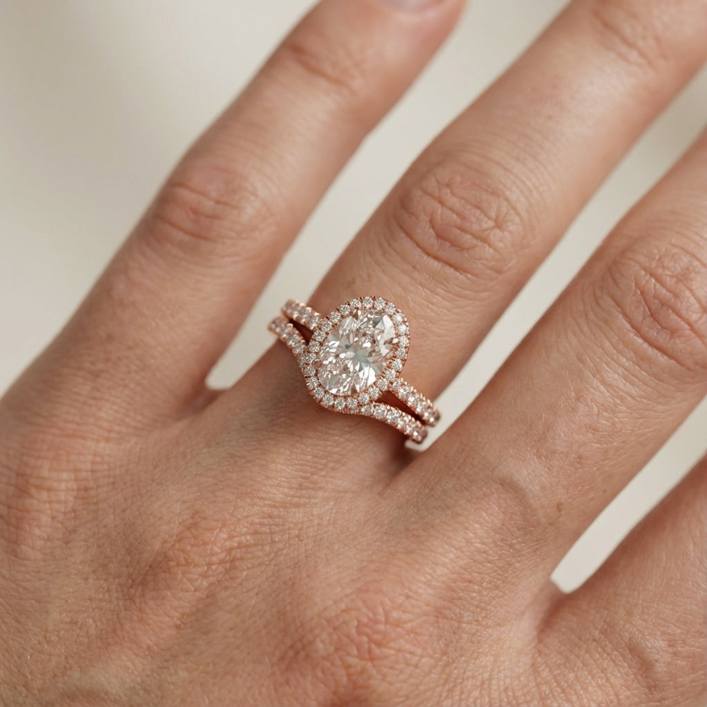 Oval Cut Lab Grown Diamond Halo Engagement Ring with Split Shank in Rose Gold