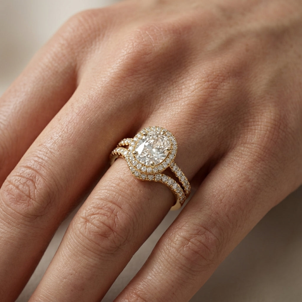 Cushion Cut Lab Grown Diamond Halo Engagement Ring in Yellow Gold with Pave Split Shank
