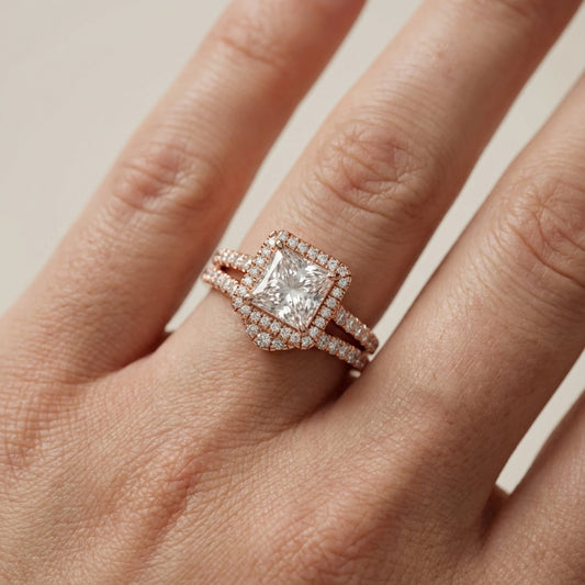 Princess Cut Lab Grown Diamond Halo Engagement Ring in Rose Gold Split Shank Setting