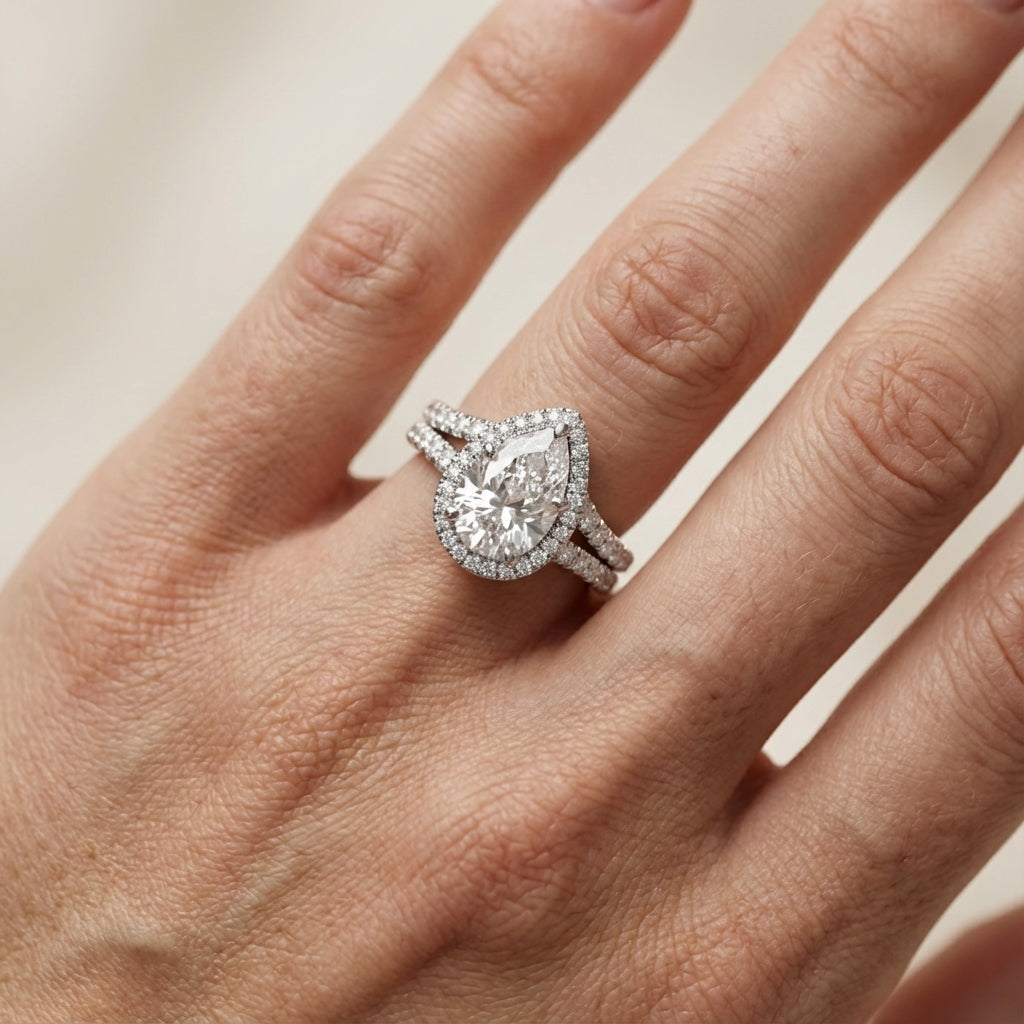 Pear Cut Lab Grown Diamond Halo Engagement Ring in Platinum with Split Shank