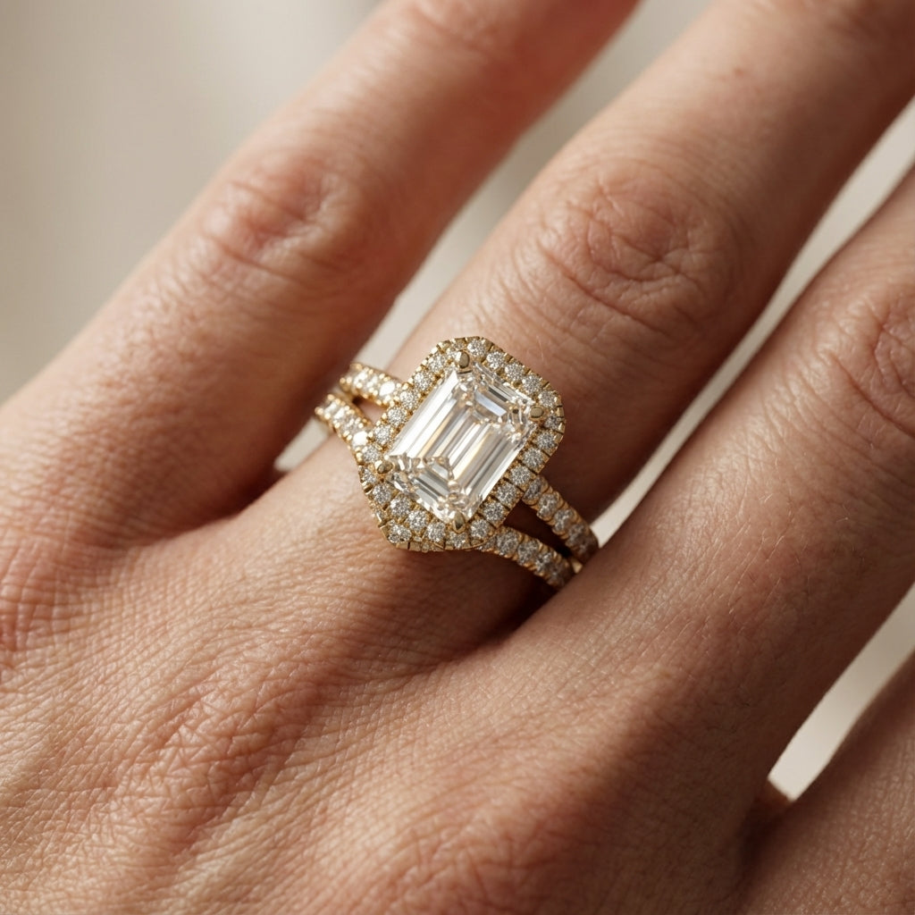Emerald Cut Lab Grown Diamond Halo Engagement Ring in Yellow Gold with Split Shank
