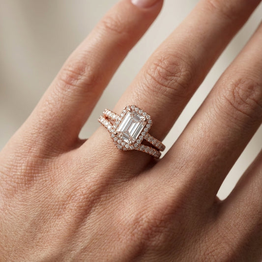 Emerald Cut Lab Grown Diamond Halo Engagement Ring in Rose Gold with Split Shank