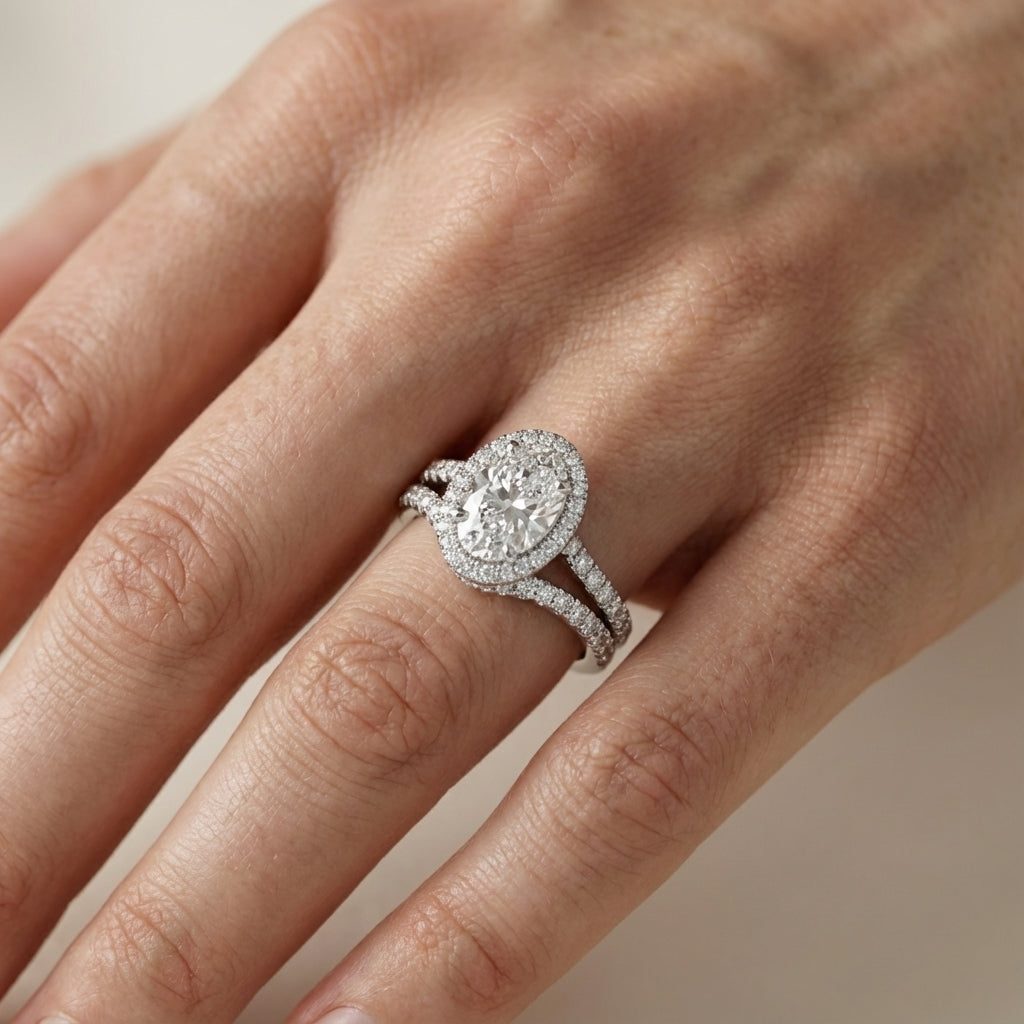 Oval Cut Lab Grown Diamond Halo Engagement Ring with Split Shank in Platinum