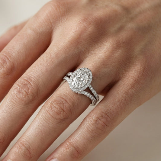 Oval Cut Lab Grown Diamond Halo Engagement Ring with Split Shank in Platinum