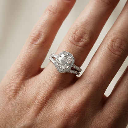 Cushion Cut Lab Grown Diamond Halo Engagement Ring in White Gold with Pave Split Shank