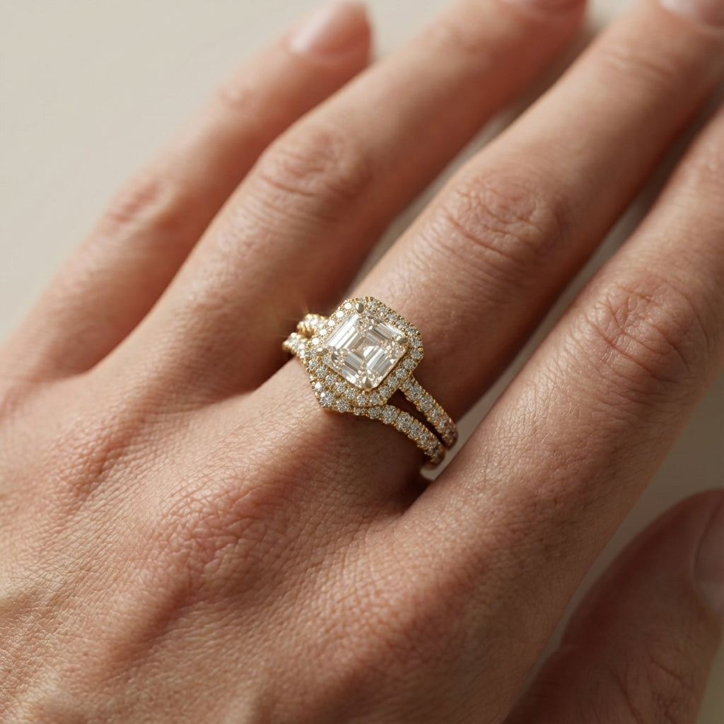 Seraphina Asscher Cut Lab Grown Diamond Halo Engagement Ring in Yellow Gold