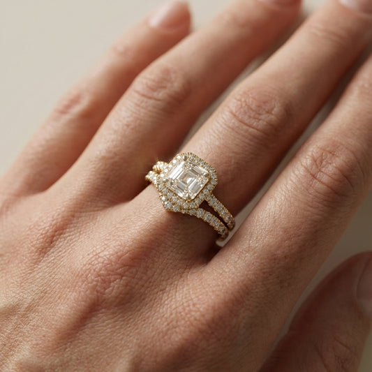 Seraphina Asscher Cut Lab Grown Diamond Halo Engagement Ring in Yellow Gold