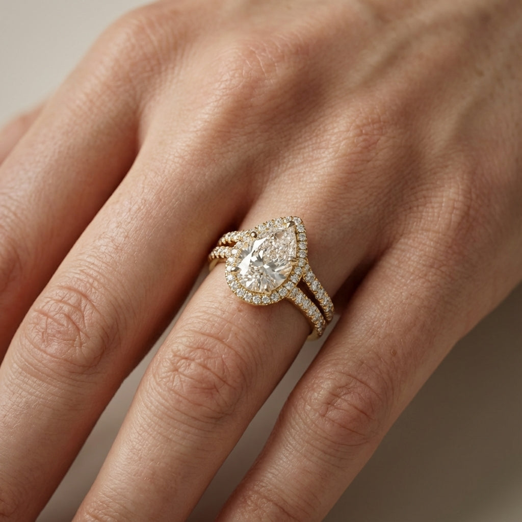 Pear Cut Lab Grown Diamond Halo Engagement Ring in Yellow Gold with Split Shank