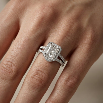 Radiant Cut Lab Grown Diamond Halo Engagement Ring in White Gold setting.