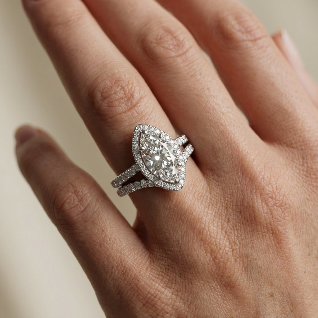 Marquise Cut Lab Grown Diamond Halo Engagement Ring with Split Shank in White Gold