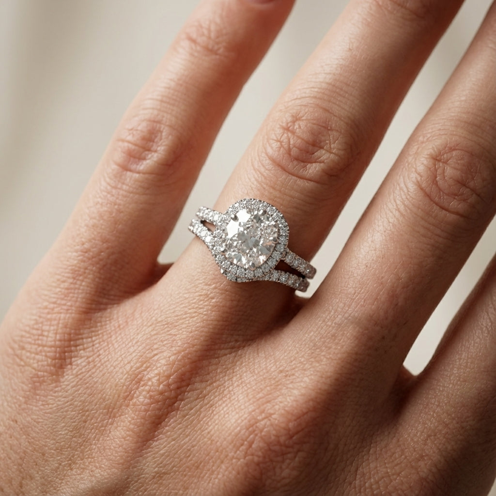 Cushion Cut Lab Grown Diamond Halo Engagement Ring in Platinum with Pave Split Shank