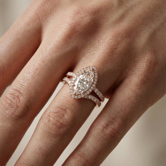 Marquise Cut Lab Grown Diamond Halo Engagement Ring with Split Shank in Rose Gold