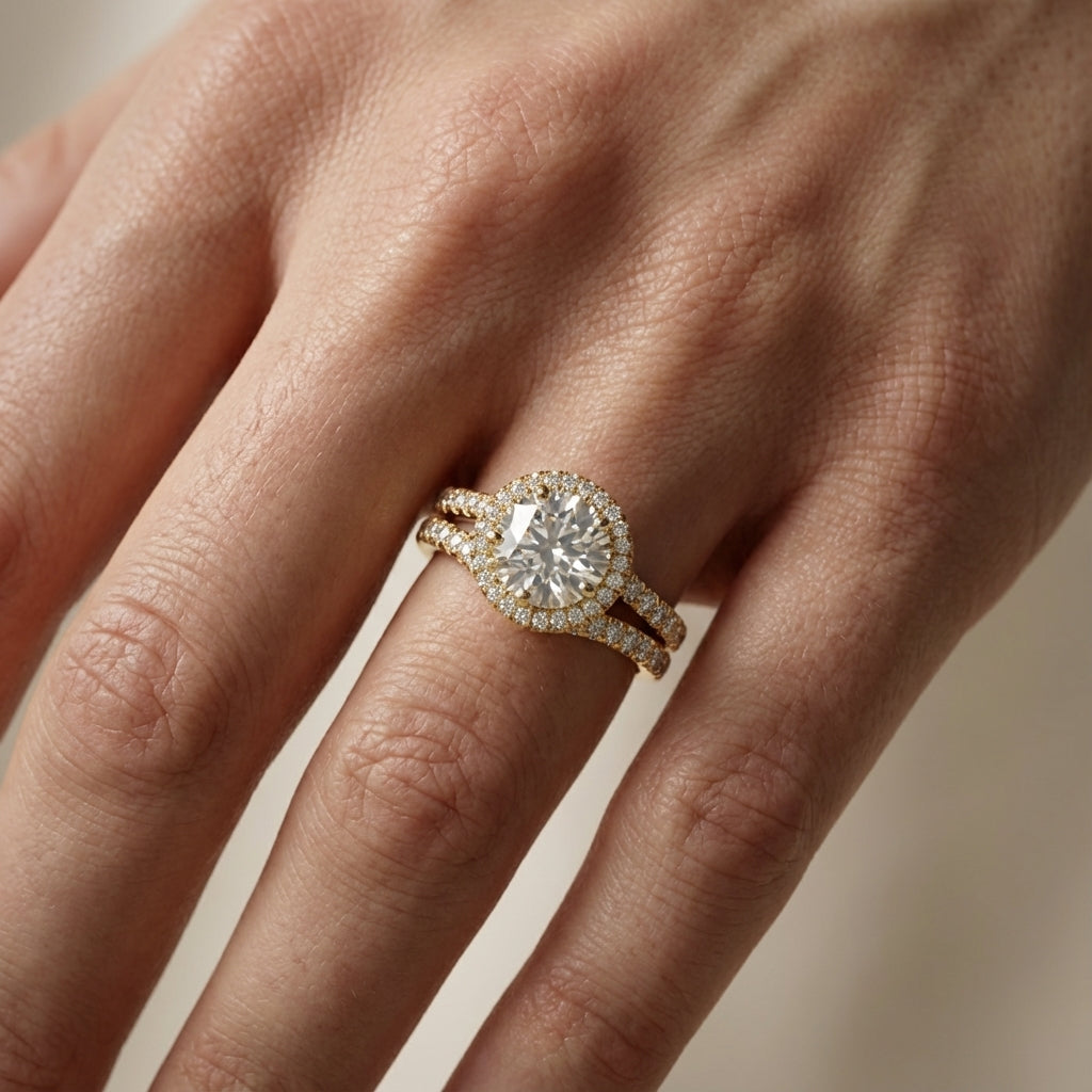 Round Cut Lab Grown Diamond Halo Engagement Ring in Yellow Gold top down view