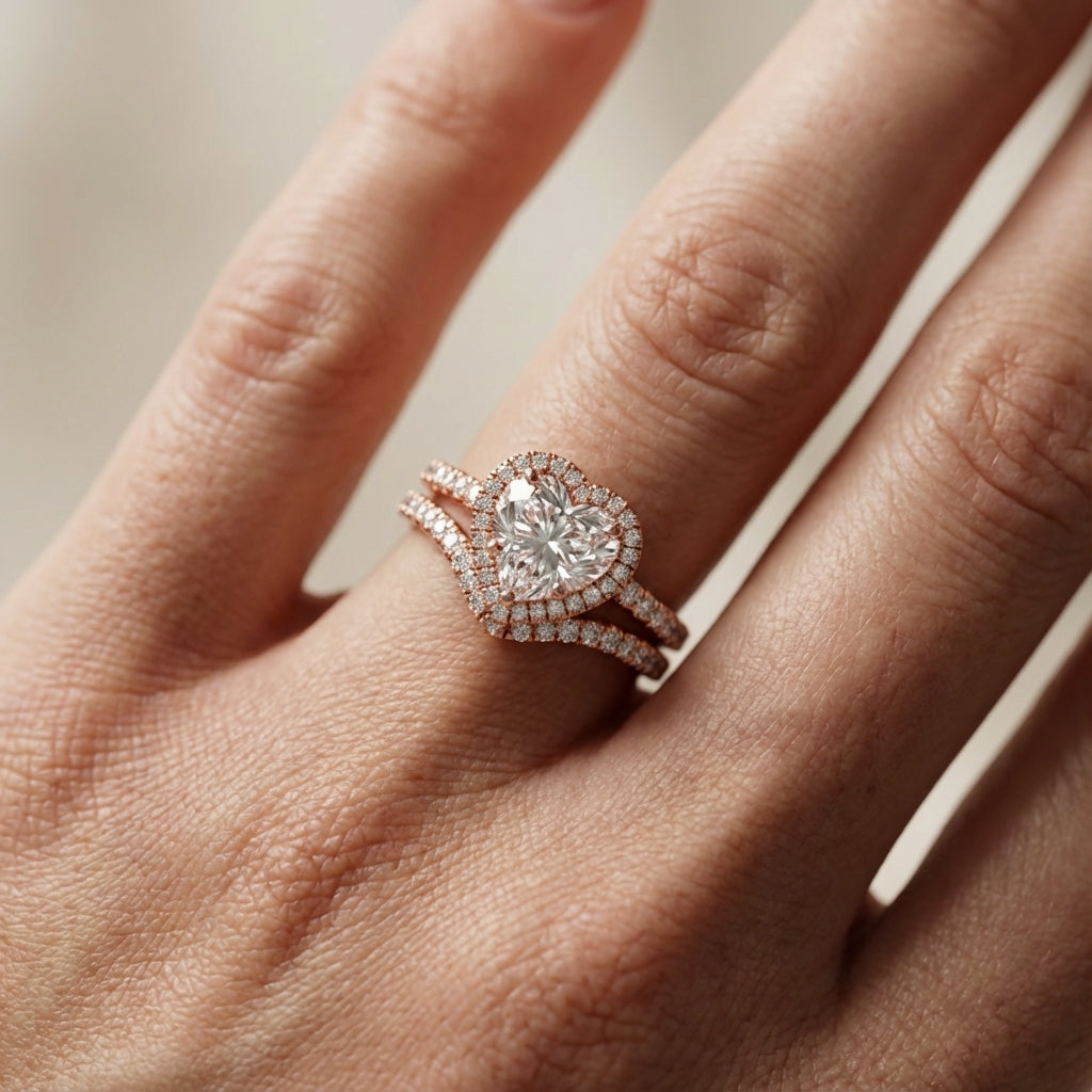 Seraphina Heart Cut Lab Grown Diamond Halo Engagement Ring in Rose Gold with pavé band