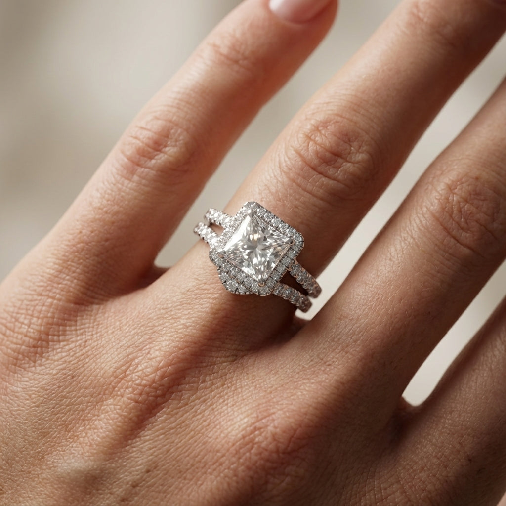 Princess Cut Lab Grown Diamond Halo Engagement Ring in White Gold Split Shank Setting