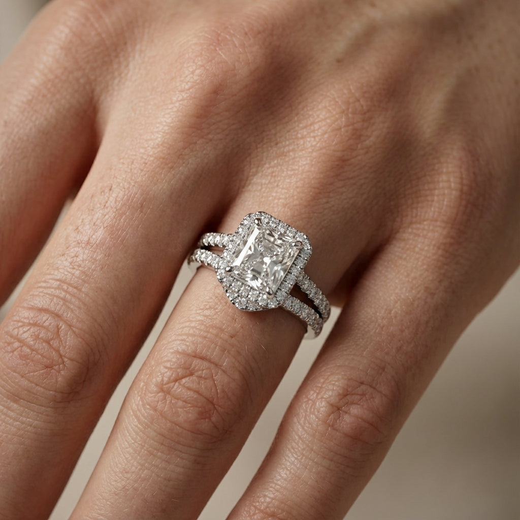 Radiant Cut Lab Grown Diamond Halo Engagement Ring in Silver setting with split shank.