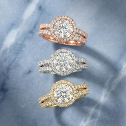 Round Cut Lab Grown Diamond Halo Engagement Ring in Silver showing split shank details