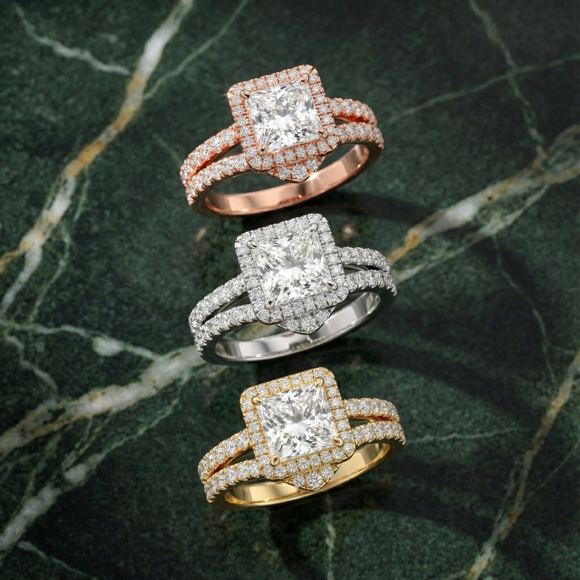 Princess Cut Lab Grown Diamond Halo Engagement Ring in Yellow Gold Split Shank Setting