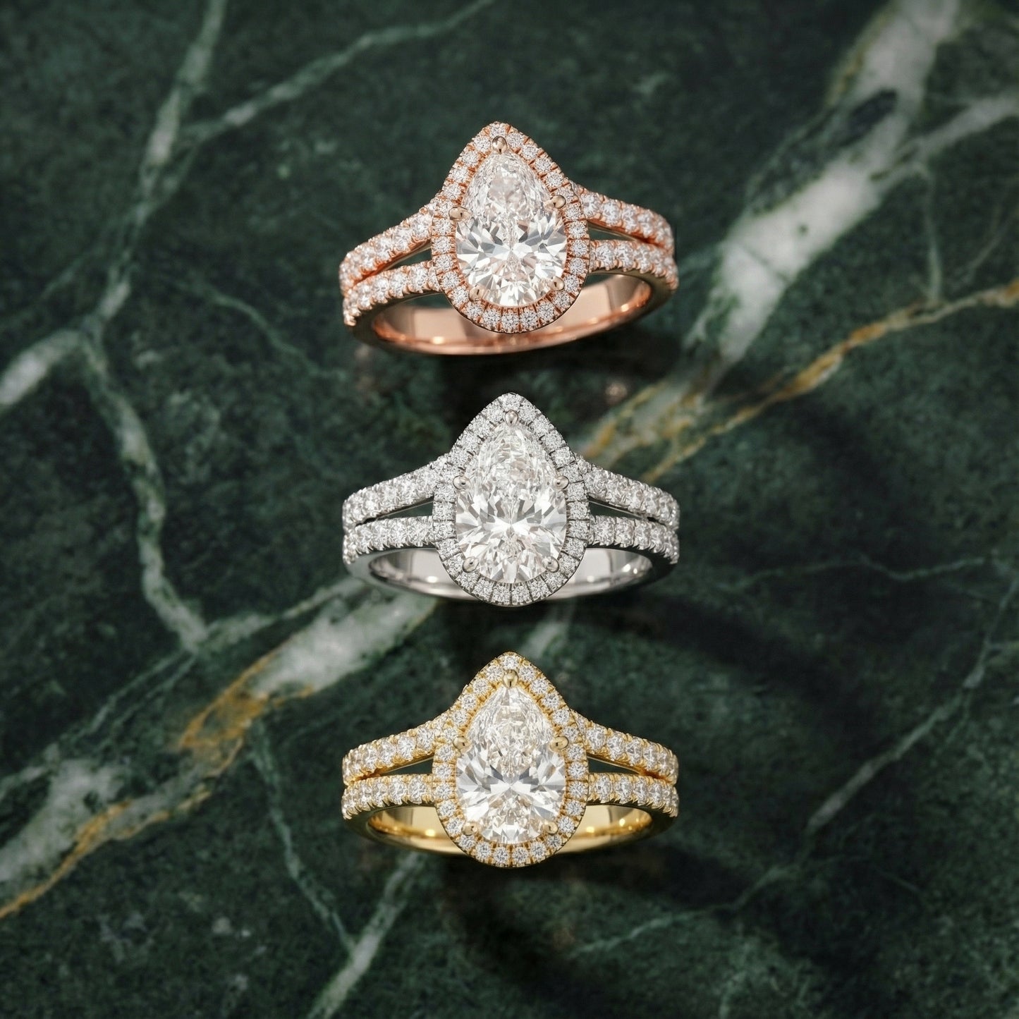 Pear Cut Lab Grown Diamond Halo Engagement Ring in Yellow Gold with Split Shank