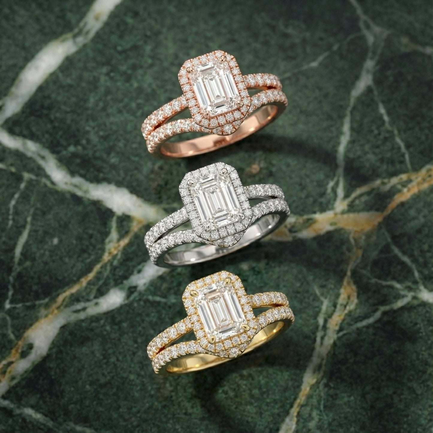 Emerald Cut Lab Grown Diamond Halo Engagement Ring in Yellow Gold with Split Shank