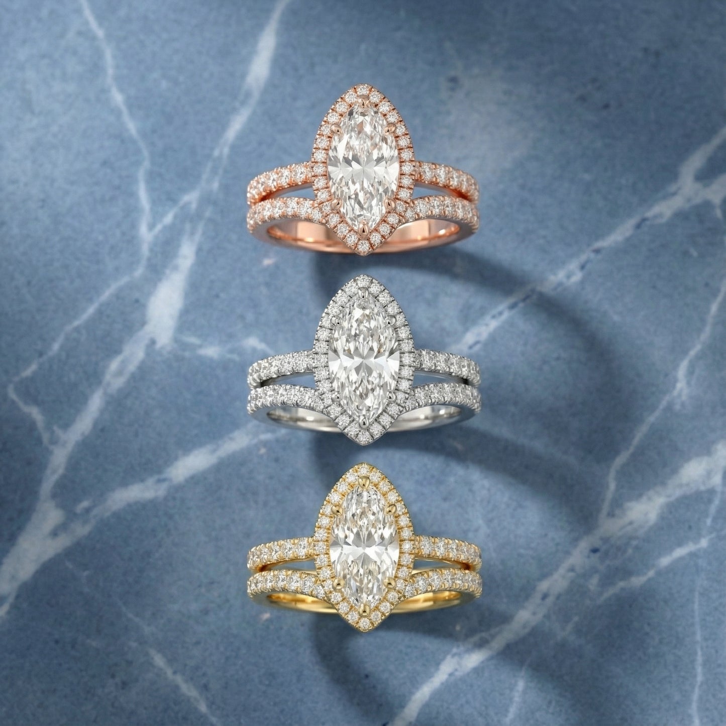 Marquise Cut Lab Grown Diamond Halo Engagement Ring with Split Shank in Rose Gold