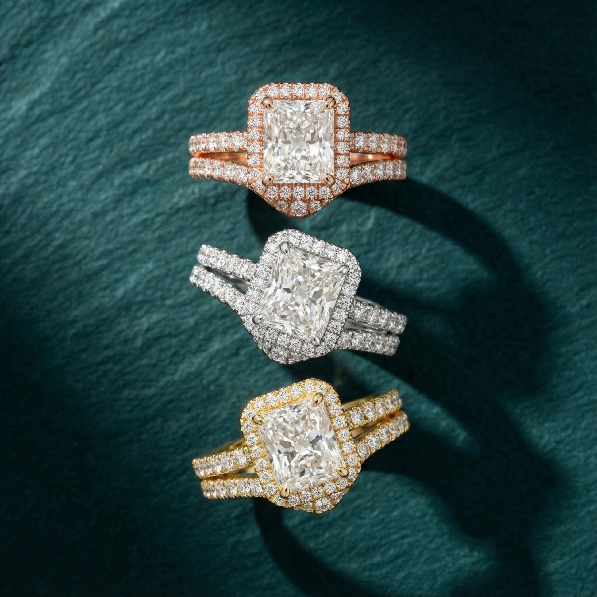 Radiant Cut Lab Grown Diamond Halo Engagement Ring in Platinum setting.