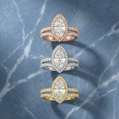 Marquise Cut Lab Grown Diamond Halo Engagement Ring with Split Shank in White Gold