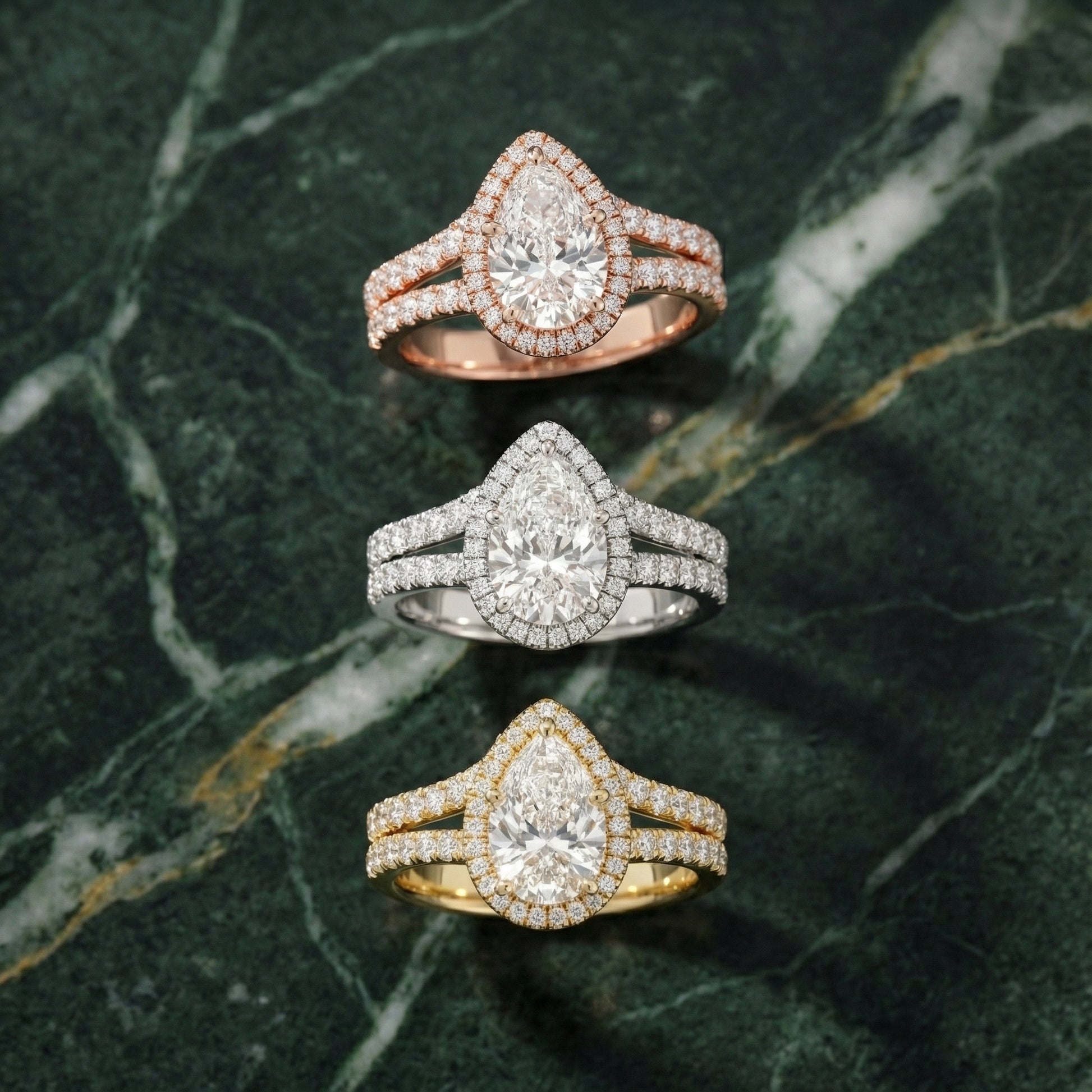 Pear Cut Lab Grown Diamond Halo Engagement Ring in Platinum with Split Shank