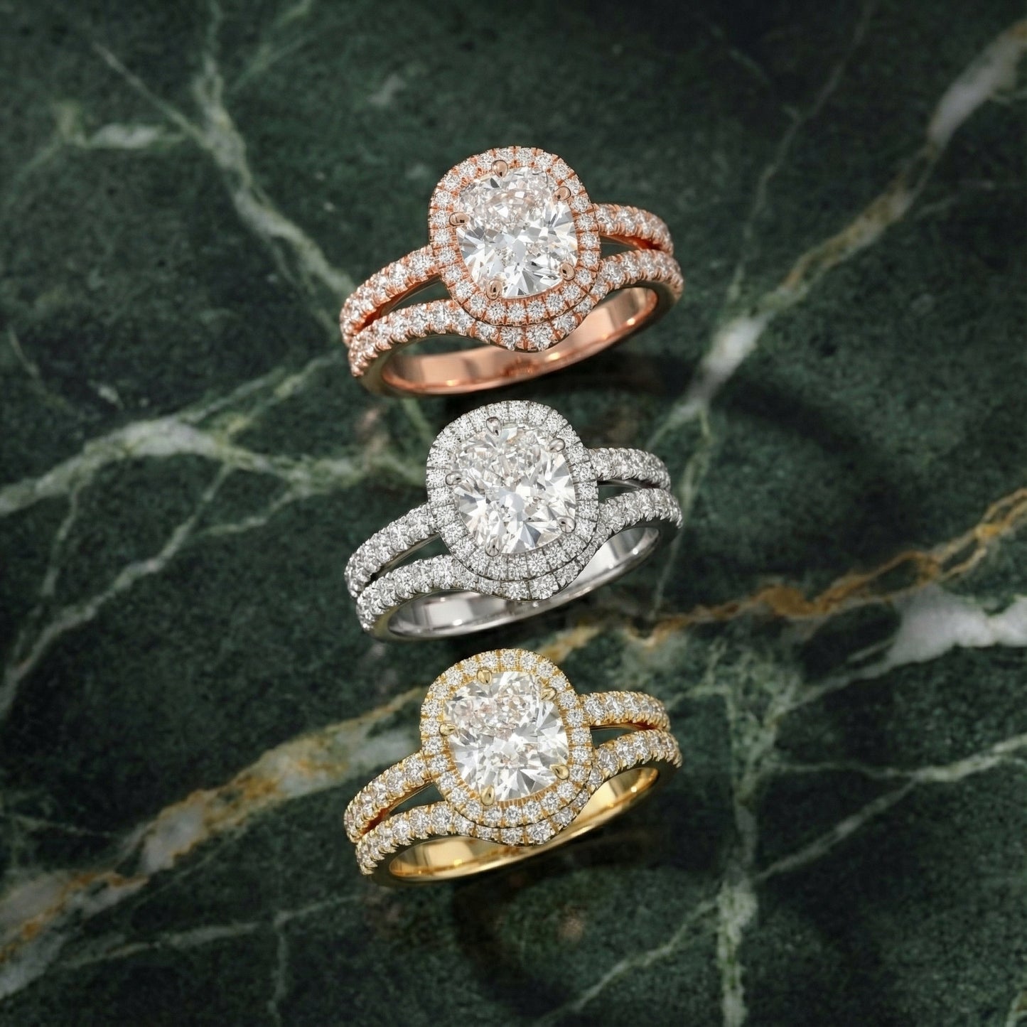 Cushion Cut Lab Grown Diamond Halo Engagement Ring in Platinum with Pave Split Shank