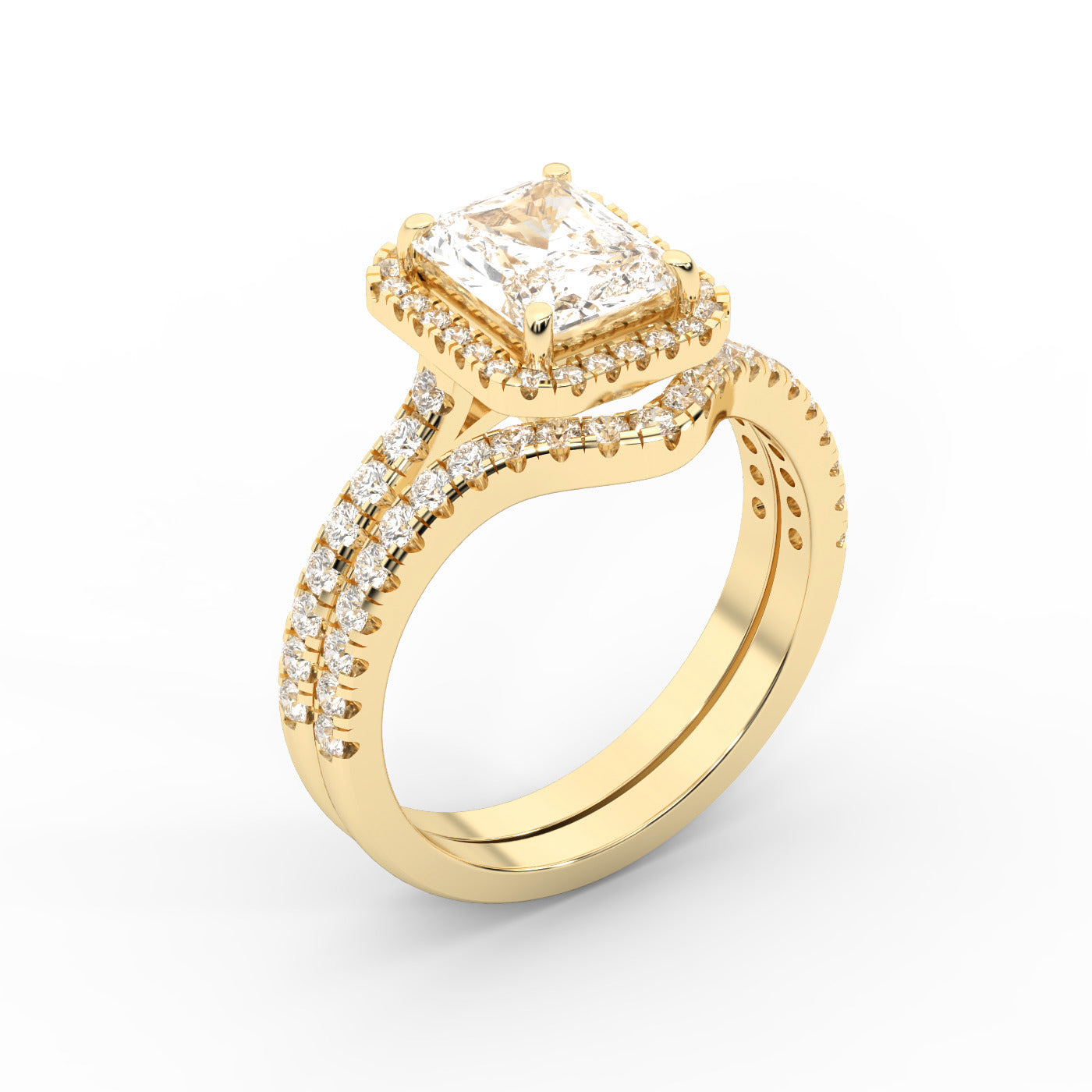 Radiant Cut Lab Grown Diamond Halo Engagement Ring in Yellow Gold setting.