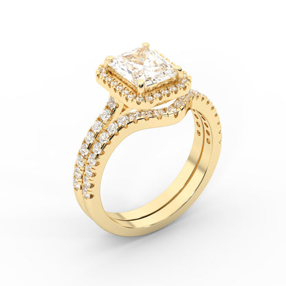 Radiant Cut Lab Grown Diamond Halo Engagement Ring in Yellow Gold setting.