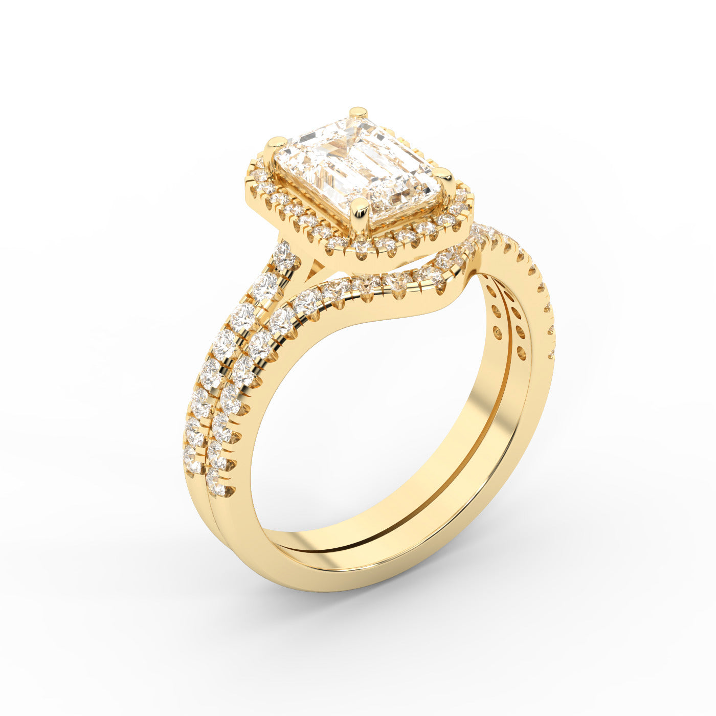 Emerald Cut Lab Grown Diamond Halo Engagement Ring in Yellow Gold with Split Shank