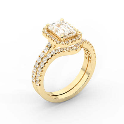 Emerald Cut Lab Grown Diamond Halo Engagement Ring in Yellow Gold with Split Shank