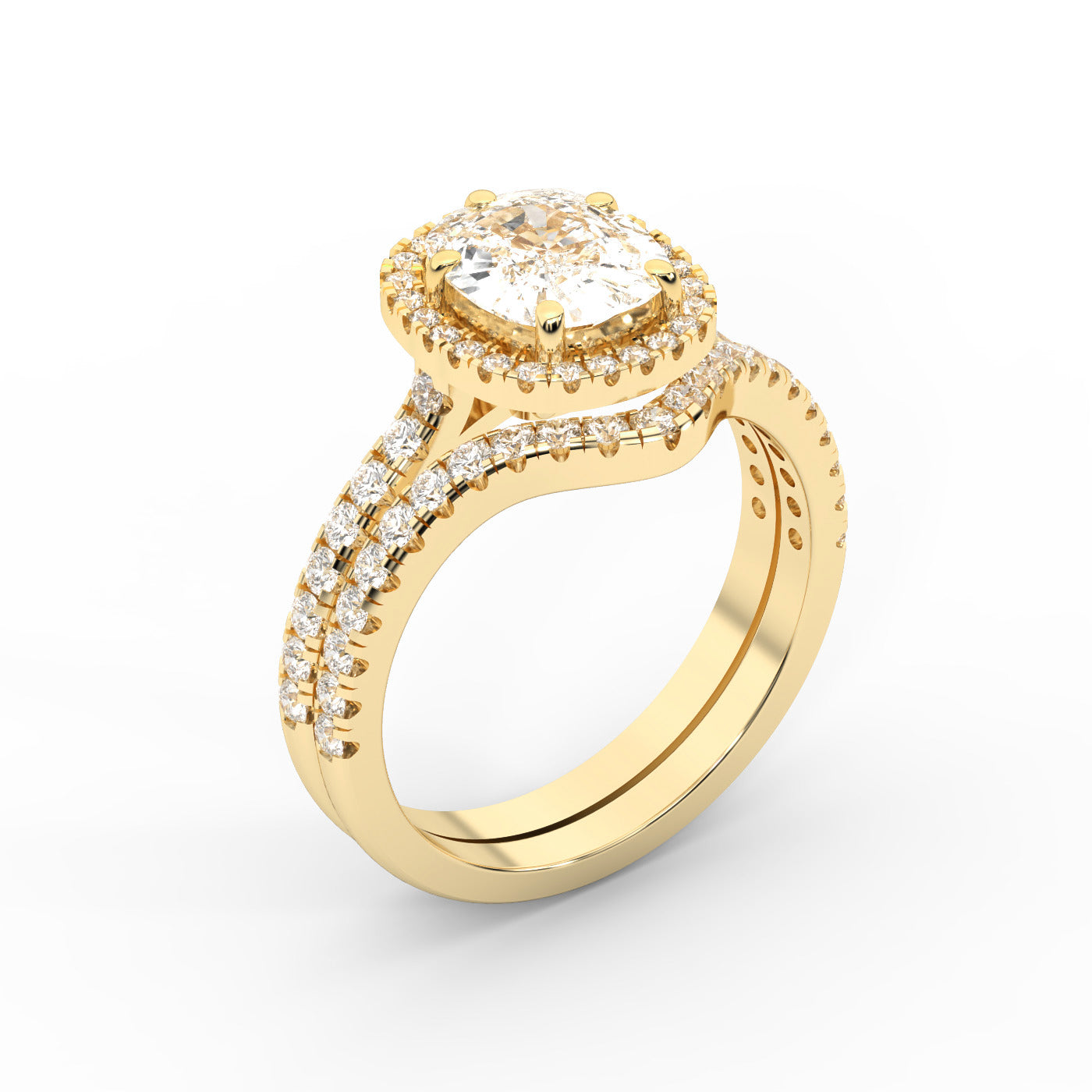 Cushion Cut Lab Grown Diamond Halo Engagement Ring in Yellow Gold with Pave Split Shank