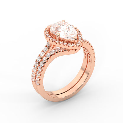 Pear Cut Lab Grown Diamond Halo Engagement Ring in Rose Gold with Split Shank