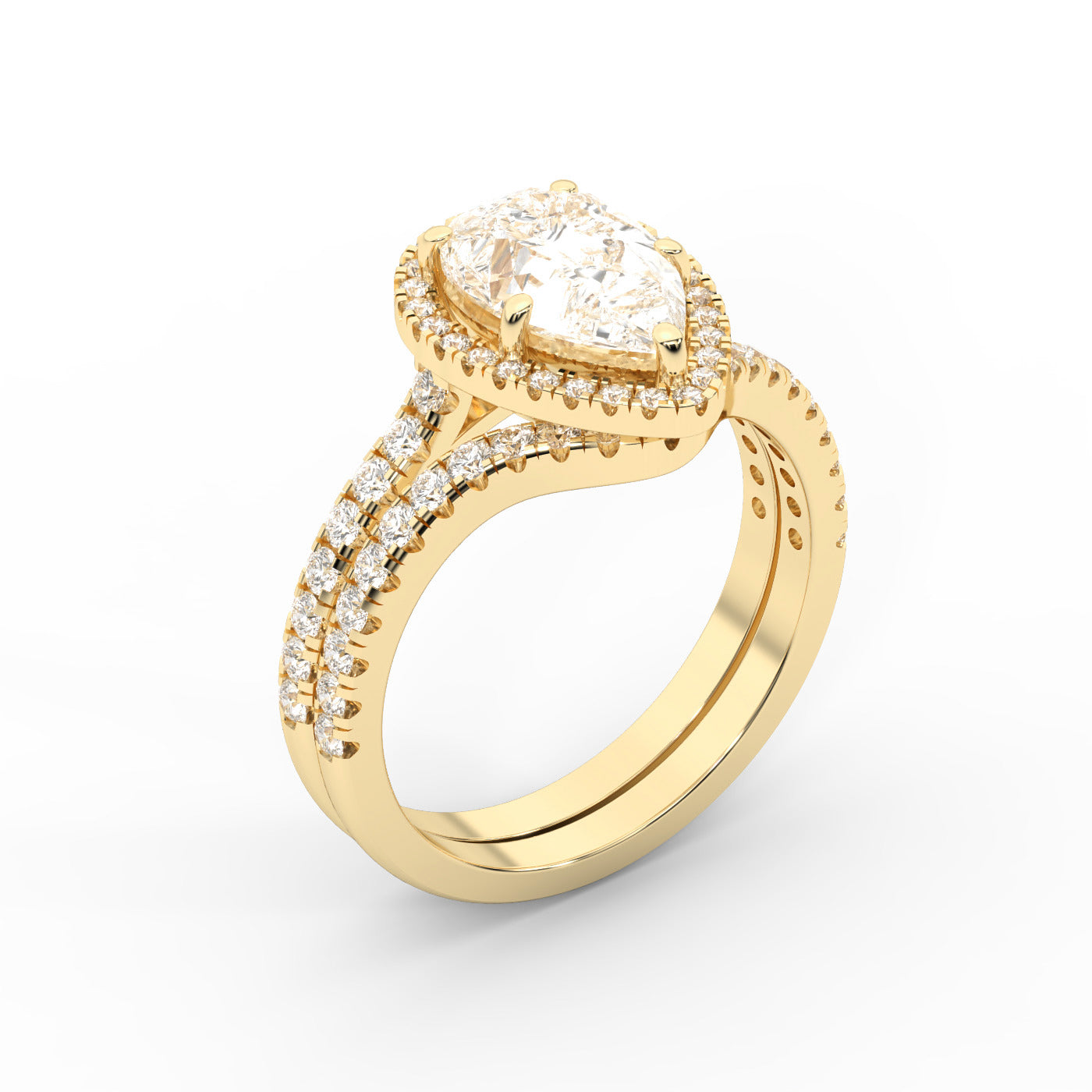 Pear Cut Lab Grown Diamond Halo Engagement Ring in Yellow Gold with Split Shank
