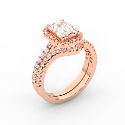 Emerald Cut Lab Grown Diamond Halo Engagement Ring in Rose Gold with Split Shank