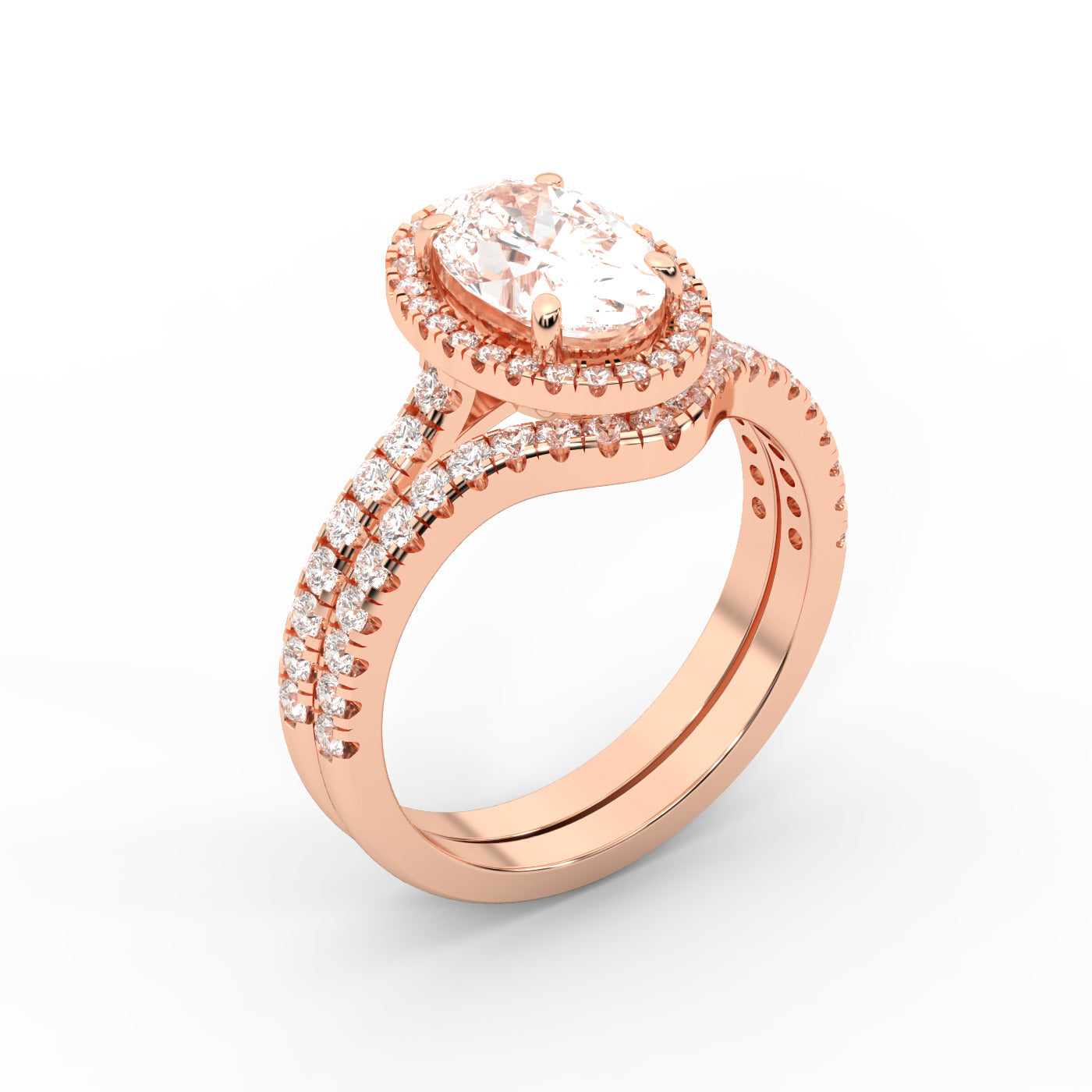 Oval Cut Lab Grown Diamond Halo Engagement Ring with Split Shank in Rose Gold